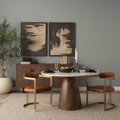 70565-AB - Allyson 48" Round Brown Wood Pedestal w/ White Marble Top Dining Table