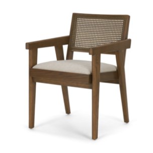 Reid Cane Back Dining Arm Chair | Cream Fabric w/ Brown Wood