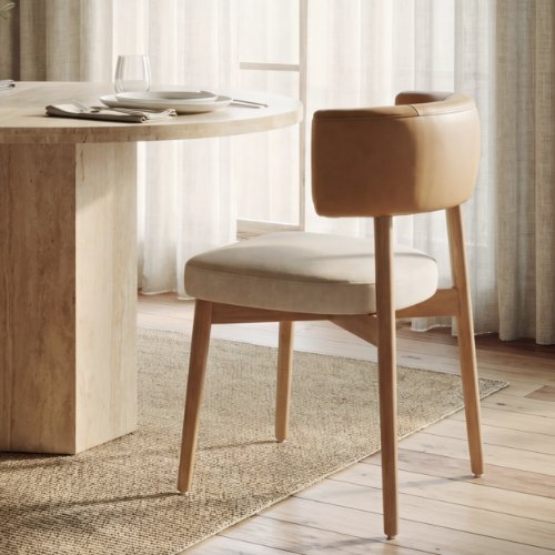 71261 - Motley Curved Open Back Cream Fabric and Tan Leather Dining Chair