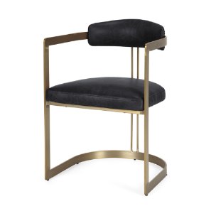 Hollyfield Curved Back Dining Side Chair | Black Leather w/ Gold Iron