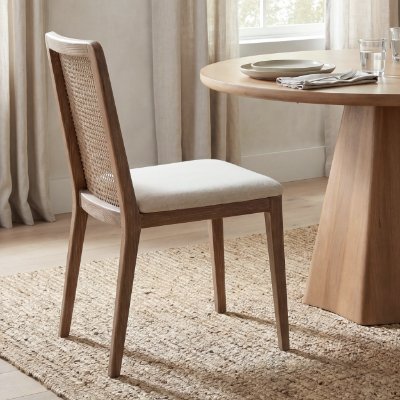 69349V - Clara Light Brown Beech Wood W/ Cream Fabric Seat and Cane Back Armless Dining Chair
