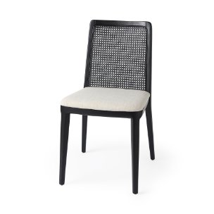 Clara Cane Back Dining Side Chair | Cream Fabric w/ Black Wood