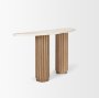 71286-AB - Marbrello Botticino Marble Top Light Brown Fluted Wood Half Moon Console Table