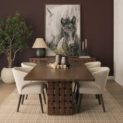71292-AB - Trellyn 94" Dark Brown Solid Wood Carved Woven Base Rectangular Dining Table