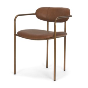 Parker Curved Back Dining Arm Chair | Brown Leather w/ Gold Metal