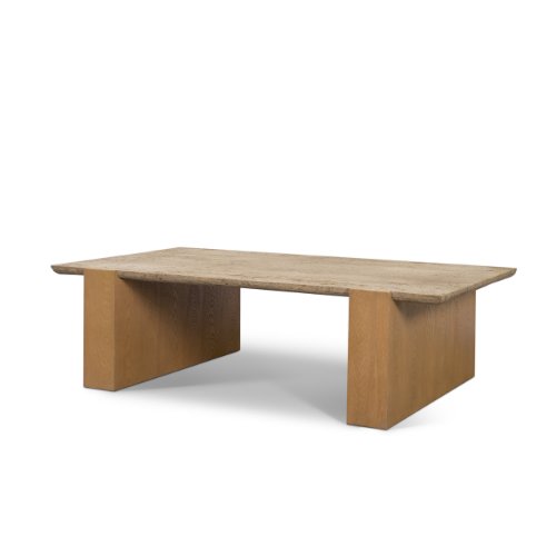 71329-AB - Milos Travertine Top w/ Light Brown Oak Wood Coffee Table