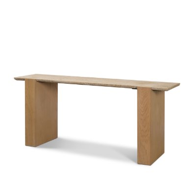71330-AB - Milos Travertine Top w/ Light Brown Oak Wood Console Table