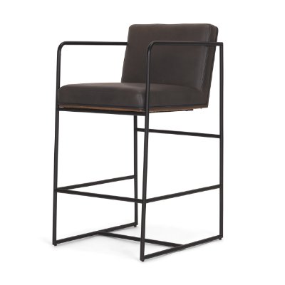 71424 - Stamford 36" Total Height Charcoal-Brown Leather Seat w/ Wood Back Metal Counter Stool