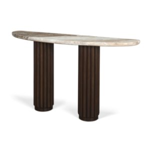 Marbrello Pink Marble Top Dark Brown Fluted Wood Half Moon Console Table Top