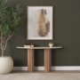 71286-AB - Marbrello Botticino Marble Top Light Brown Fluted Wood Half Moon Console Table