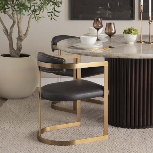 71421 - Hollyfield II Charcoal-Brown Leather Seat Gold Iron Frame Dining Chair