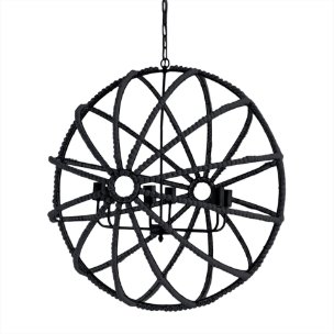 Ava II (35"x36") Black Metal and Wooden Bead Six Bulb Chandelier 