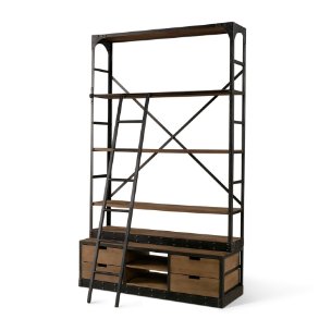 Brodie VIII 57L x 20.5W x 94H Brown Wood Gun-Metal Ladder Four Shelf Shelving Unit