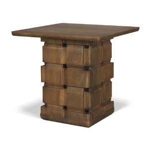 Trellyn Dark Brown Wood w/ Carved Woven Base Square Accent Table