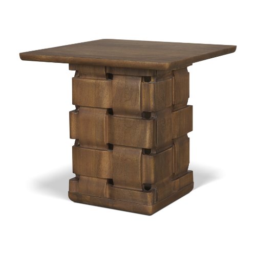 71296 - Trellyn Dark Brown Wood w/ Carved Woven Base Square Accent Table