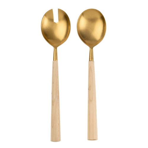 IN7115 - Maple Wood Salad Servers S/2, Tumbled Gold