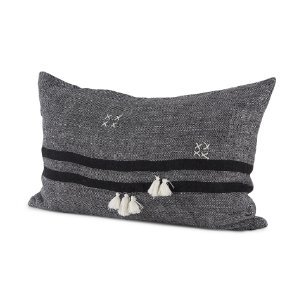 Sibyl 13x21 Black Fabric Striped and White Fringed Pillow Cover w/Down Filler
