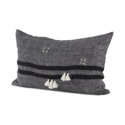 69418-CFD - Sibyl 13x21 Black Fabric Striped and White Fringed Pillow Cover w/Down Filler