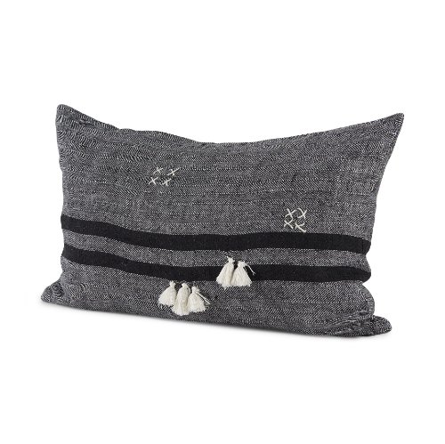 69418-CFD - Sibyl 13x21 Black Fabric Striped and White Fringed Pillow Cover w/Down Filler
