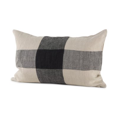 69420-CFD - Raquel 13x21 Beige and Black Fabric Plaid Pillow Cover w/Down Filler