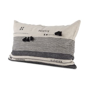 Thalia 13x21 Black and Beige Fabric Striped w/Fringe Pillow Cover w/Down Filler