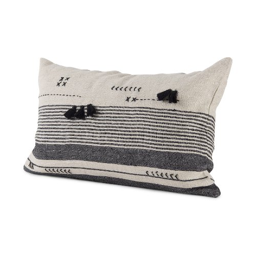 69422-CFD - Thalia 13x21 Black and Beige Fabric Striped w/Fringe Pillow Cover w/Down Filler