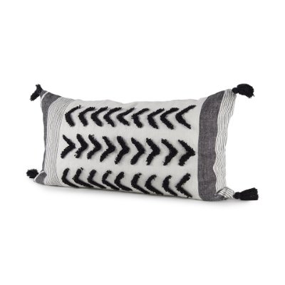 69438-CFD - Kimia 14x26 White/Black Fabric Herringbone w/Fringed Pillow Cover w/Filler