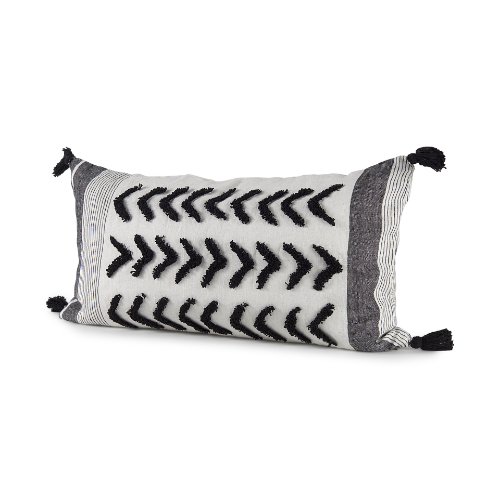 69438-CFD - Kimia 14x26 White/Black Fabric Herringbone w/Fringed Pillow Cover w/Filler