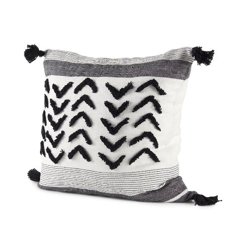 69439-CFD - Kimia 20x20 White/Black Fabric w/Fringed Pillow Cover w/Down Filler
