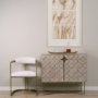 69929 - Excelsior 36.0L x 18.0W x 32.5H Light Brown Wood Gold Iron Base Accent Cabinet