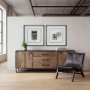 67851 - Alvin 82x20 Brown Solid Wood With Black Metal Frame 3 Drawer 2 Cabinet Door Sideboard