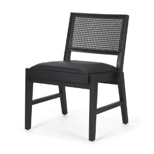 Reid Cane Back Dining Side Chair | Black Leather w/ Tapered Wood