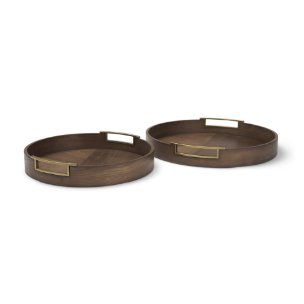 Langford Round Dark Brown Walnut Wood w/ Brass Handles Decorative Tray Set