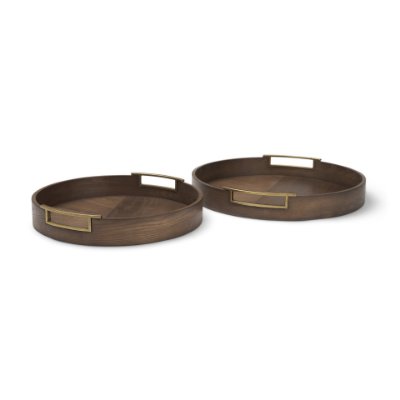 71609 - Langford Round Dark Brown Walnut Wood w/ Brass Handles Decorative Tray Set