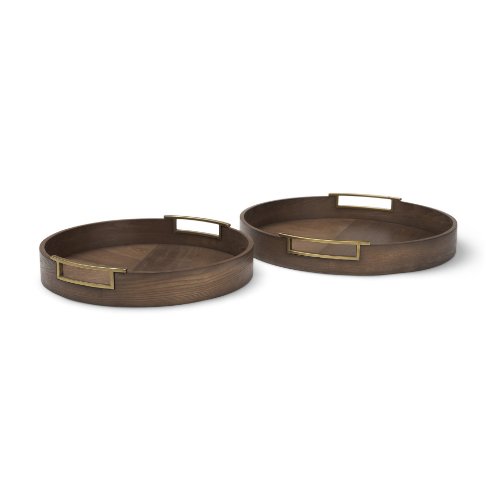 71609 - Langford Round Dark Brown Walnut Wood w/ Brass Handles Decorative Tray Set