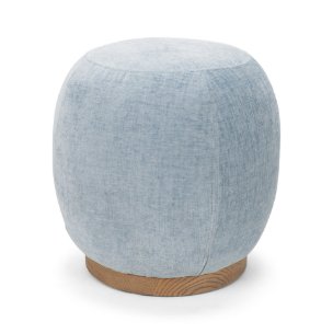 Siren French Blue Fabric w/ Brown Ash Wood Round Accent Stool