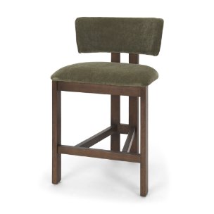 Soho Open Back 35.3in Seat Counter Stool | Olive Fabric w/ Brown Wood