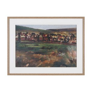 Exmoor Ponies by Sir Alfred Munnings Hand-Embellished Framed Artwork Matted under Glass