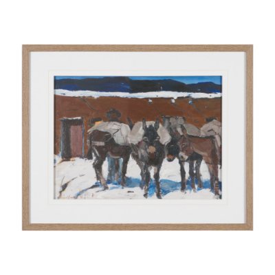16343 - Prospector with Burros by LaVerne Nelson Black Hand-Embellished Framed Artwork Matted under Glass