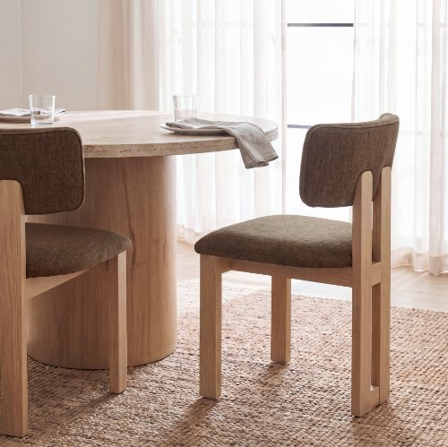 71317 - Soho Curved Open Back Brown Fabric w/ Light Brown Tripod Frame Dining Chair