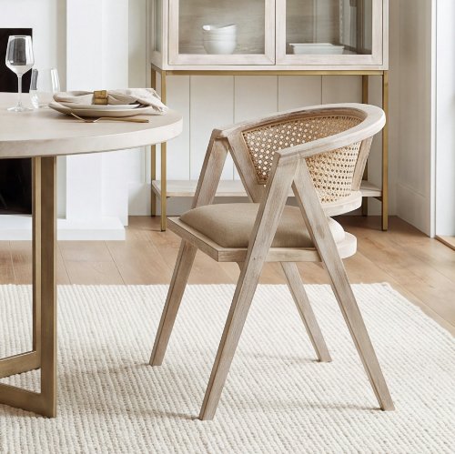 67830 - Tabitha Cane Back Dining Arm Chair | Polyester w/ Blonde Wooden