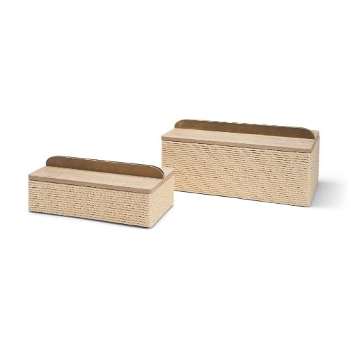 71630 - Chord Woven White-Washed w/ Brass Handle Decorative Box Set