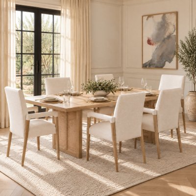 68194 - Palisades Curved Back Dining Side Chair | Cream Fabric w/ Brown Wood