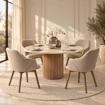 71216-AB - Marbrello 60" Round Dining Table | Boticcino Marble & Light Brown Wood | Seats 6